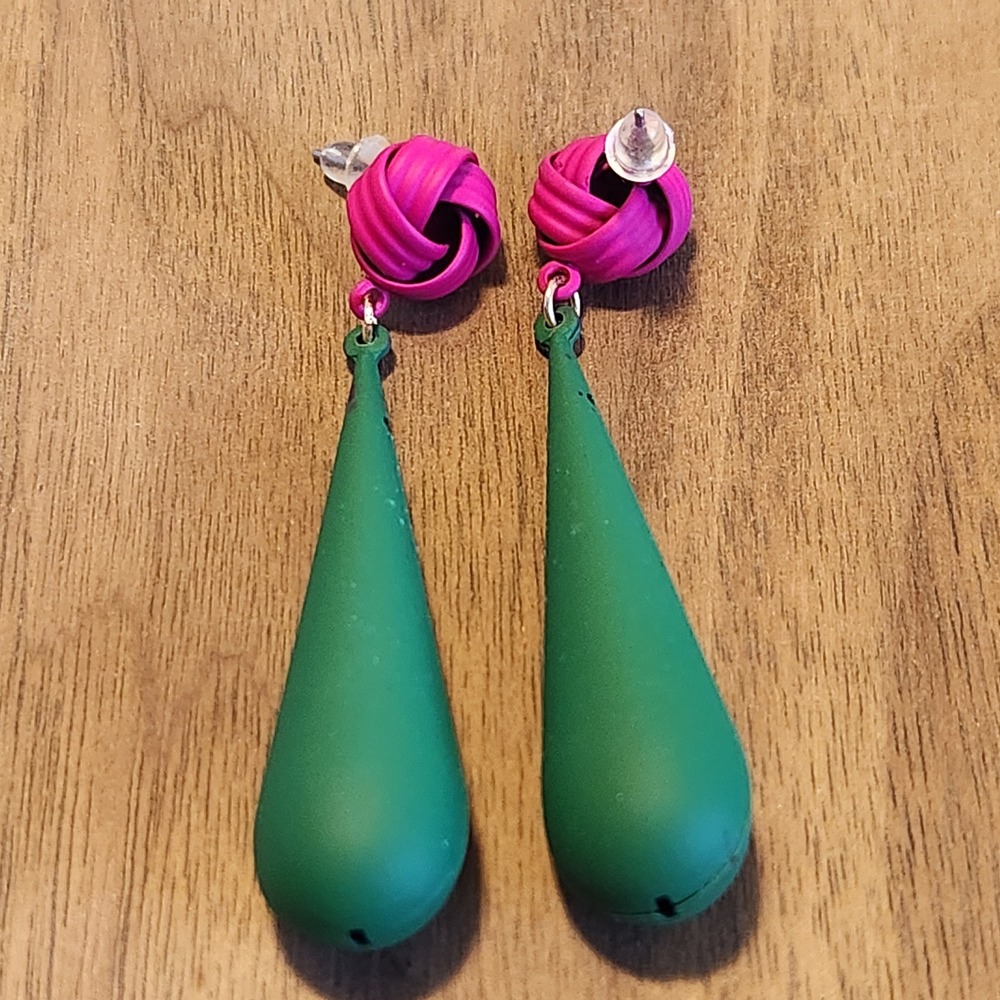 Green Pink Teardrop Love Knot Drop Earrings Matte Color Block Statement Dangle